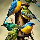 Assorted birds on steampunk-style structure with mechanical elements