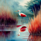 White and Red Stork Standing in Tranquil Water Among Reeds