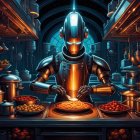 Futuristic illuminated robot preparing food in neon-lit kitchen