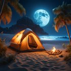 Nighttime beachside campsite with glowing tent, campfire, palm trees, and bright moon