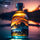 Glass bottle with twinkling lights in vivid sunset silhouette.