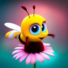 Colorful Animated Bee on Pink Daisy with Blurred Background