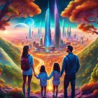 Family of four admiring vibrant alien city in fantastical forest landscape