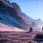 Desert Landscape with Rocky Cliffs and Ancient Ruins in Hazy Atmosphere