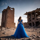 Woman in elegant blue gown amidst ruins with bird flying in distance