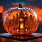 City skyline pumpkin carving with illuminated windows and bats at twilight