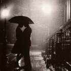 Romantic couple kissing under umbrella on rainy cobblestone street