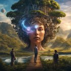 Illustration: Giant woman's head merges with futuristic mechanical back in forest scene.