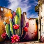 Colorful cacti with flowers in front of weathered pink building under blue sky