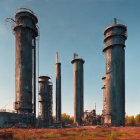 Dilapidated industrial complex with rusting structures against blue sky