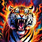 Roaring tiger digital artwork with orange and blue flames on black background