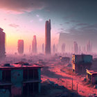 Dystopian cityscape at twilight with dilapidated buildings and hazy pinkish sky