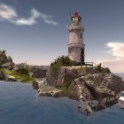 Lighthouse on craggy cliff with house, turbulent seas, dusky sky.