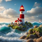 Red and White Lighthouse on Rugged Coastline