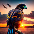 Majestic hawk perched at sunset with smaller bird flying under dramatic sky