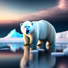 Polar bears on icy surface with sunset and iceberg