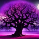 Majestic tree with purple foliage under starry sky and full moon, lone figure on grassy