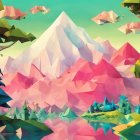 Vibrant low-poly landscape with geometric trees, mountains, and lake.