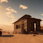 Rustic wooden cabin in desert landscape with mountains and soft sunlight