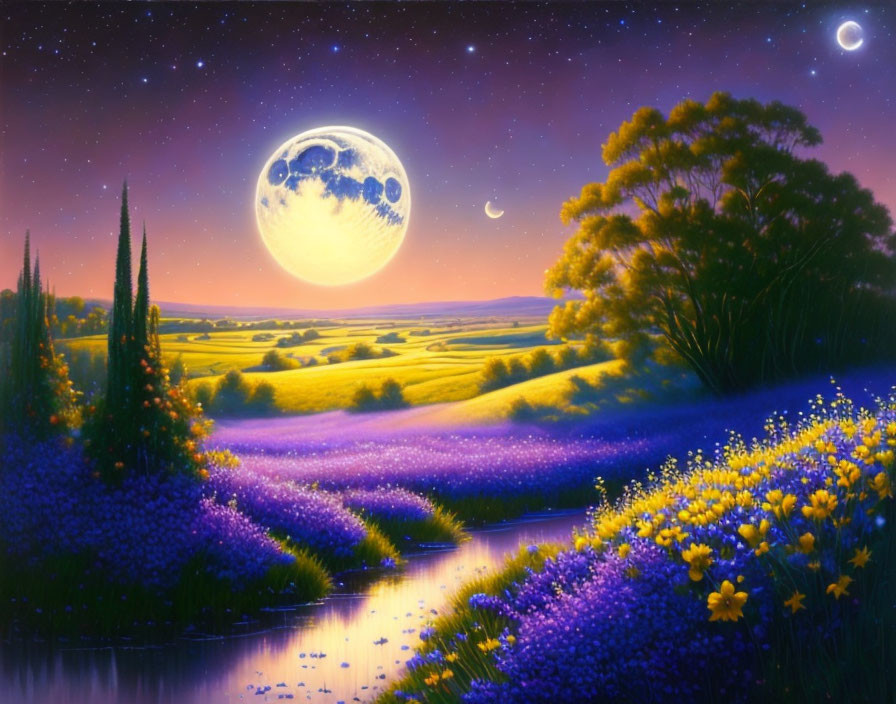 Detailed Fantasy Night Landscape with Moon, Stars, and Flowers