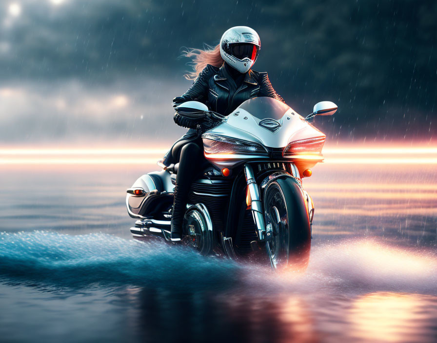 Person in Black Suit Riding Motorcycle on Wet Surface in Stormy Weather