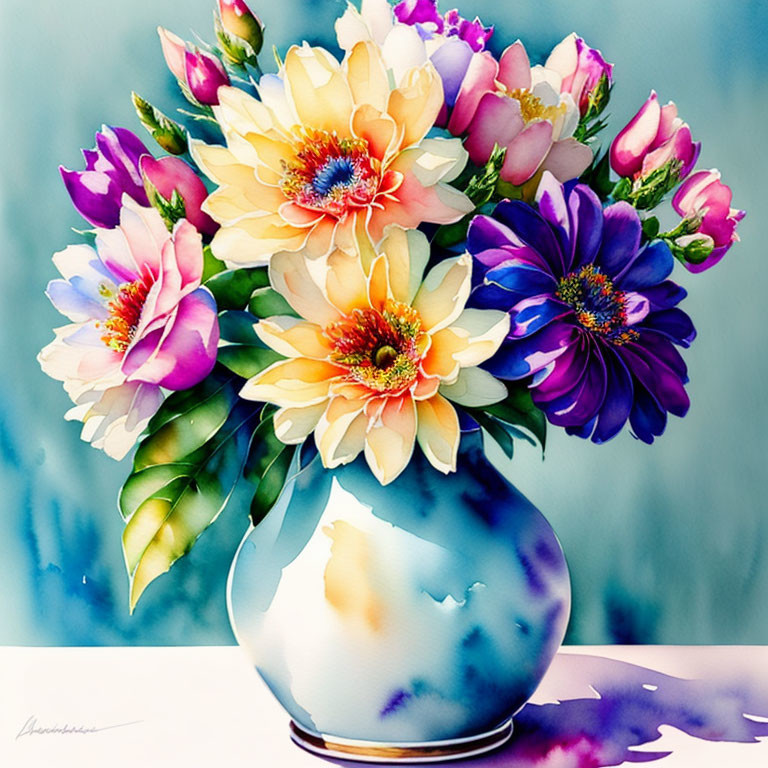 Colorful Watercolor Painting of Blooming Flower Bouquet in Blue and White Vase