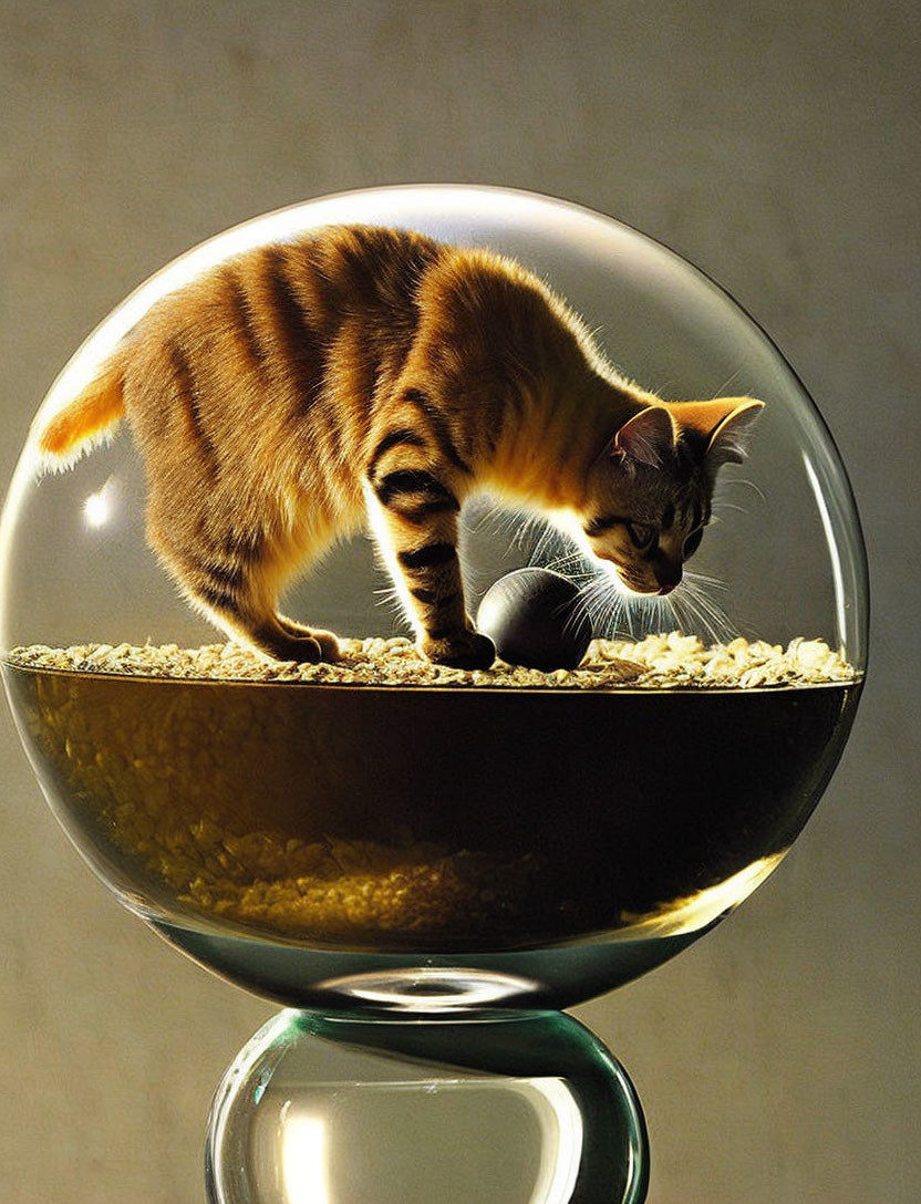 Tabby cat balancing on glass bowl with pebbles in softly lit room