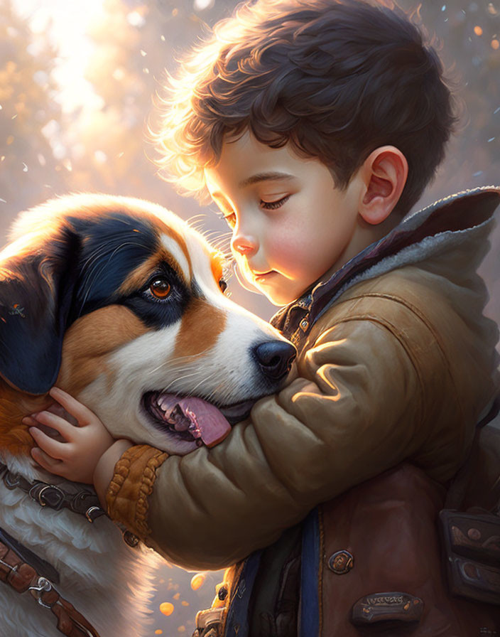 Young boy gently hugs happy dog in warm sunlight