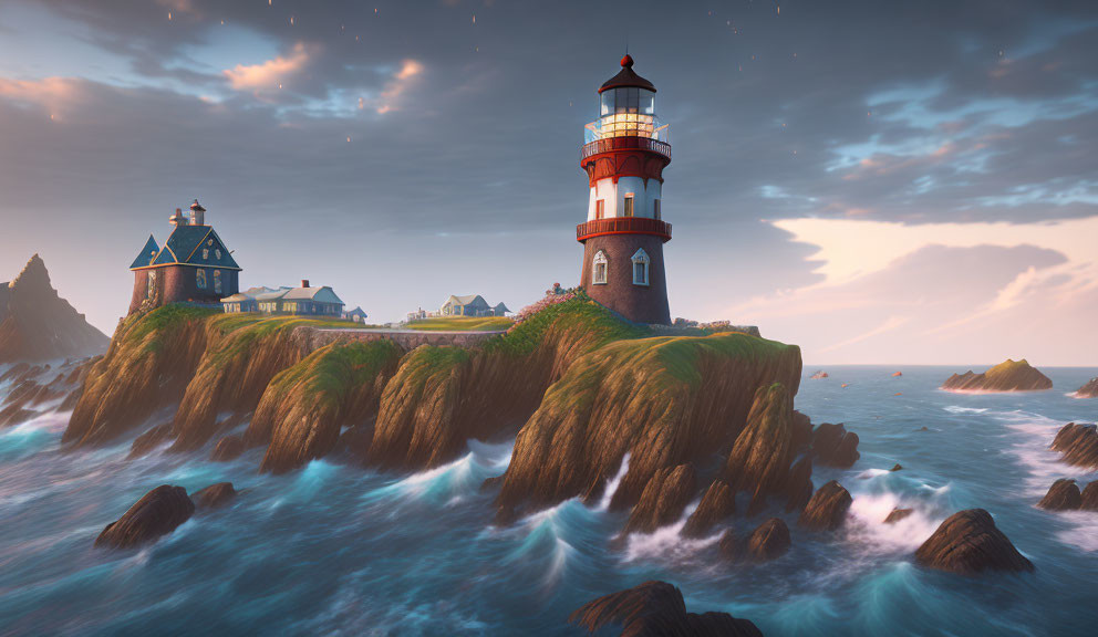 Lighthouse on craggy cliff with house, turbulent seas, dusky sky.