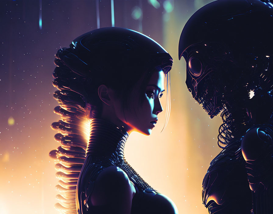 Futuristic armored female figure facing robotic entity in celestial light