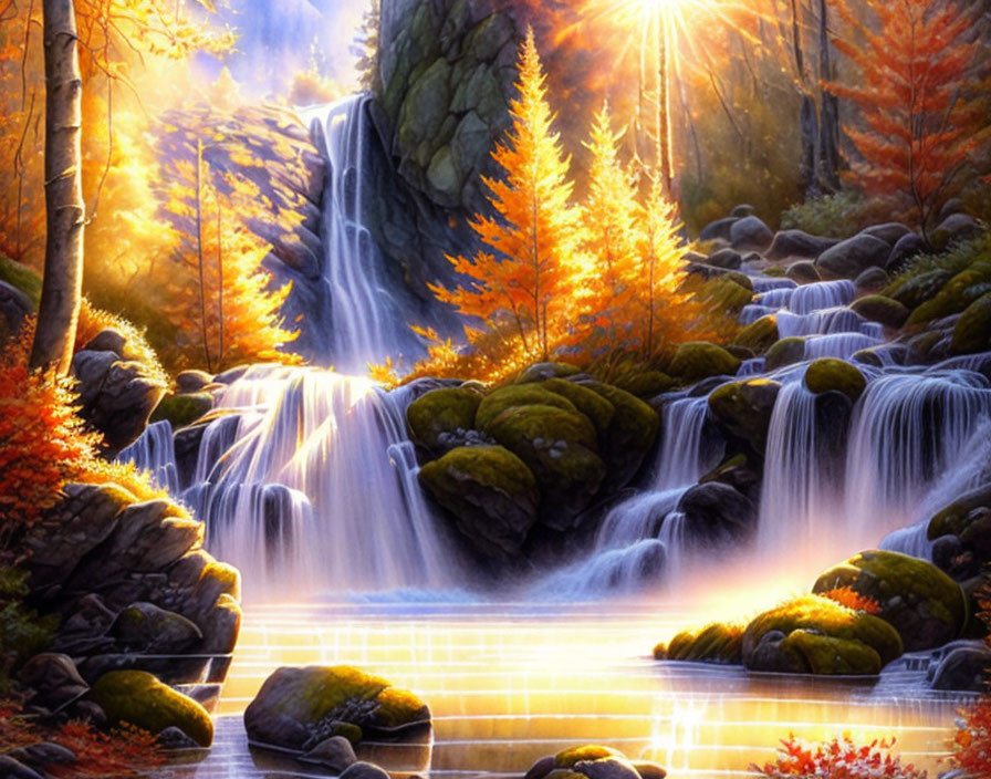 Tranquil waterfall scene with autumn trees and mossy rocks