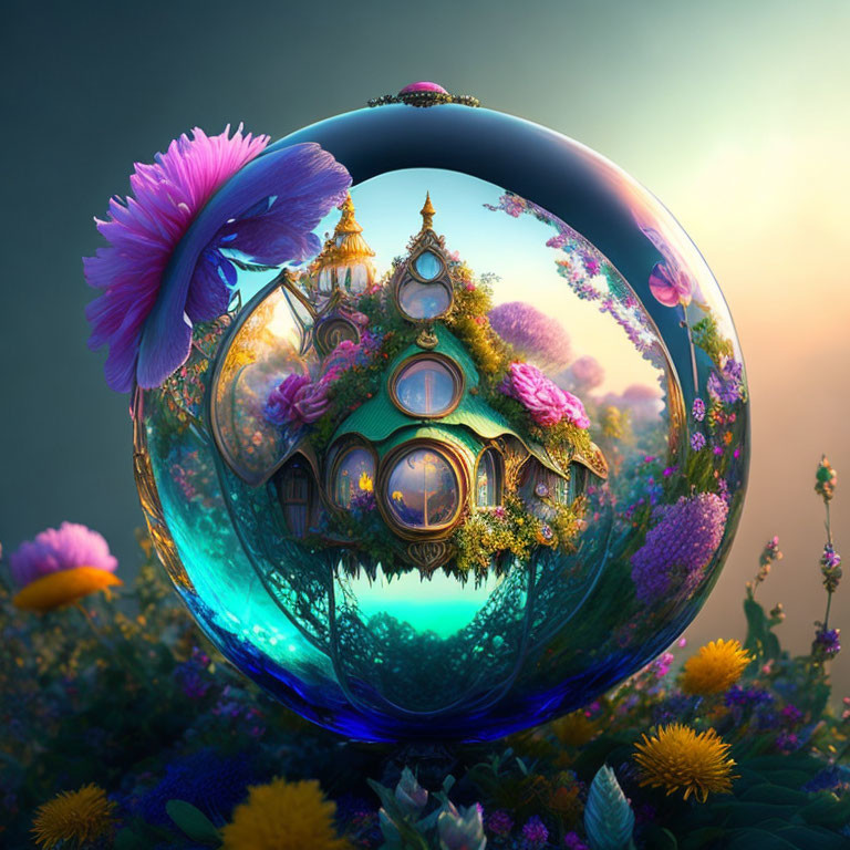 Miniature fairytale castle in crystal ball with lush greenery and vibrant flowers on dusky sky