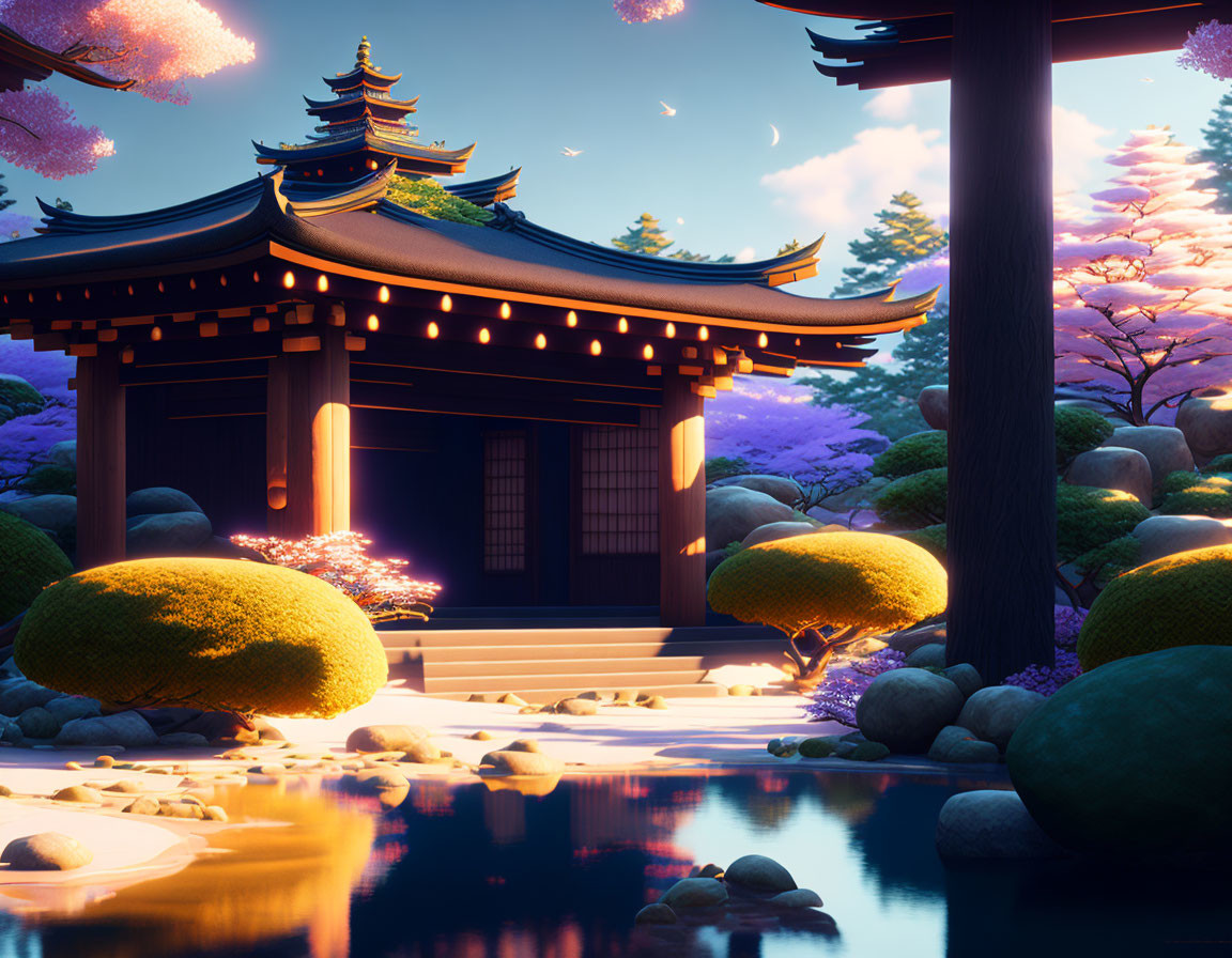 Japanese Temple with Cherry Blossoms, Lanterns, Stones, and Pond at Sunset