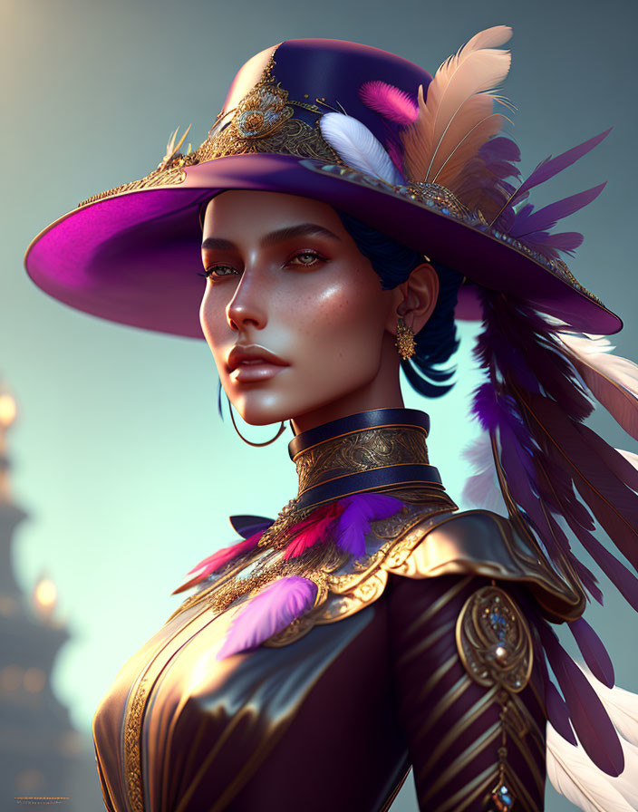 Stylized woman in purple feathered hat and detailed brown jacket.