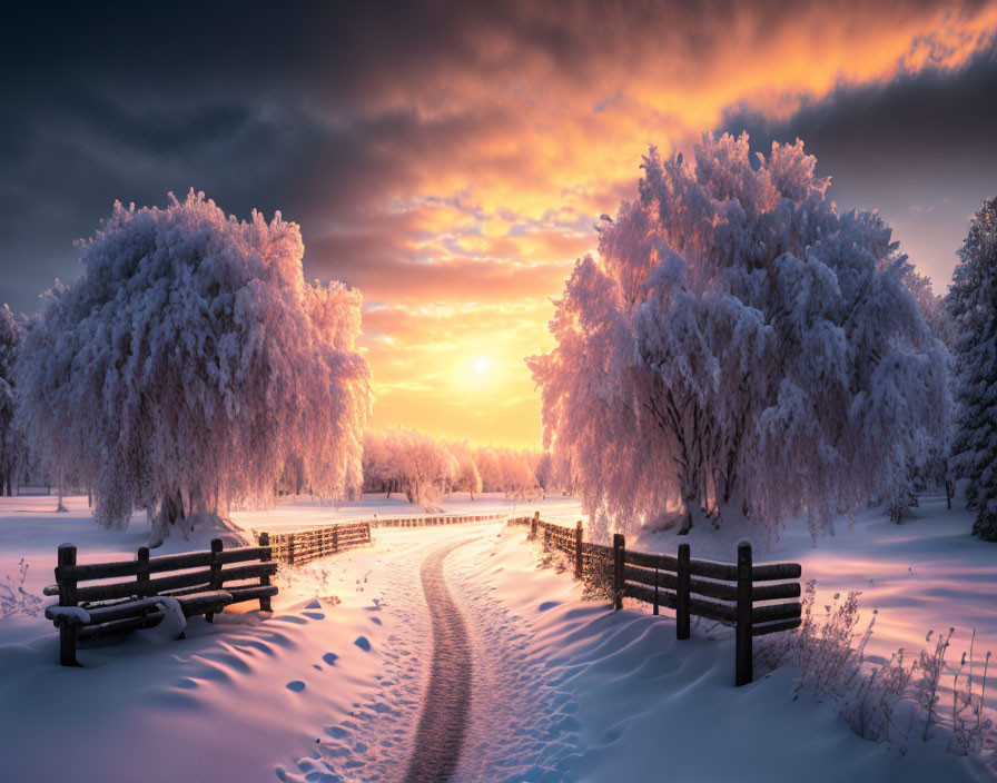 Winter sunset scene: snow-covered path, frosted trees, wooden fence, glowing orange sky