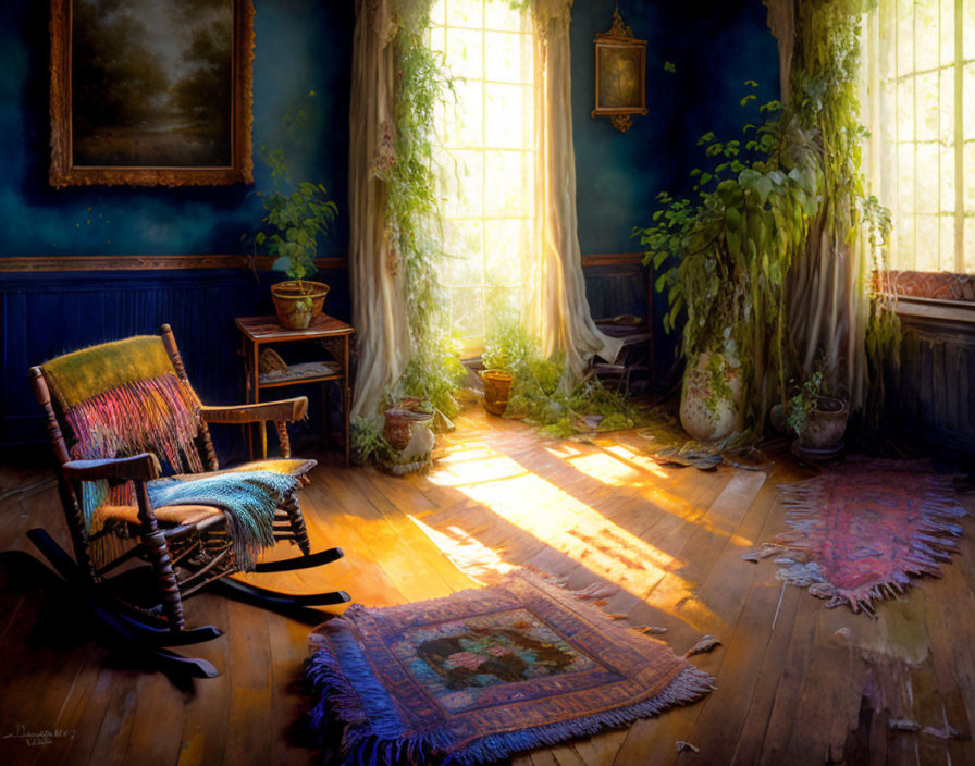 Sunlit Room with Rustic Decor and Vintage Wall Art