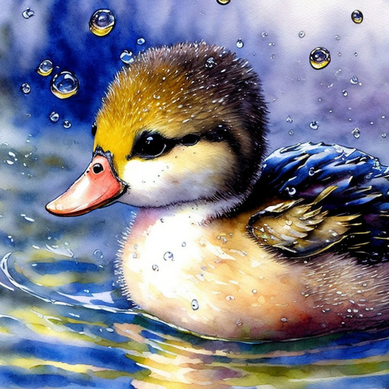 Vibrant Watercolor Painting of Fluffy Duckling Swimming