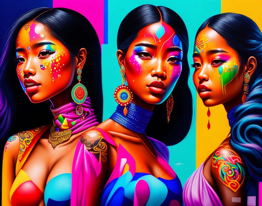 Vibrant portraits of women with colorful face paint and tattoos