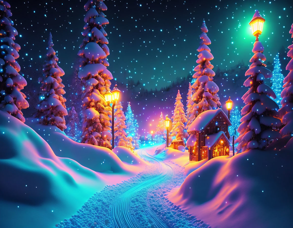 Snow-covered trees, cozy house, and glowing street lamps in serene winter night scene.