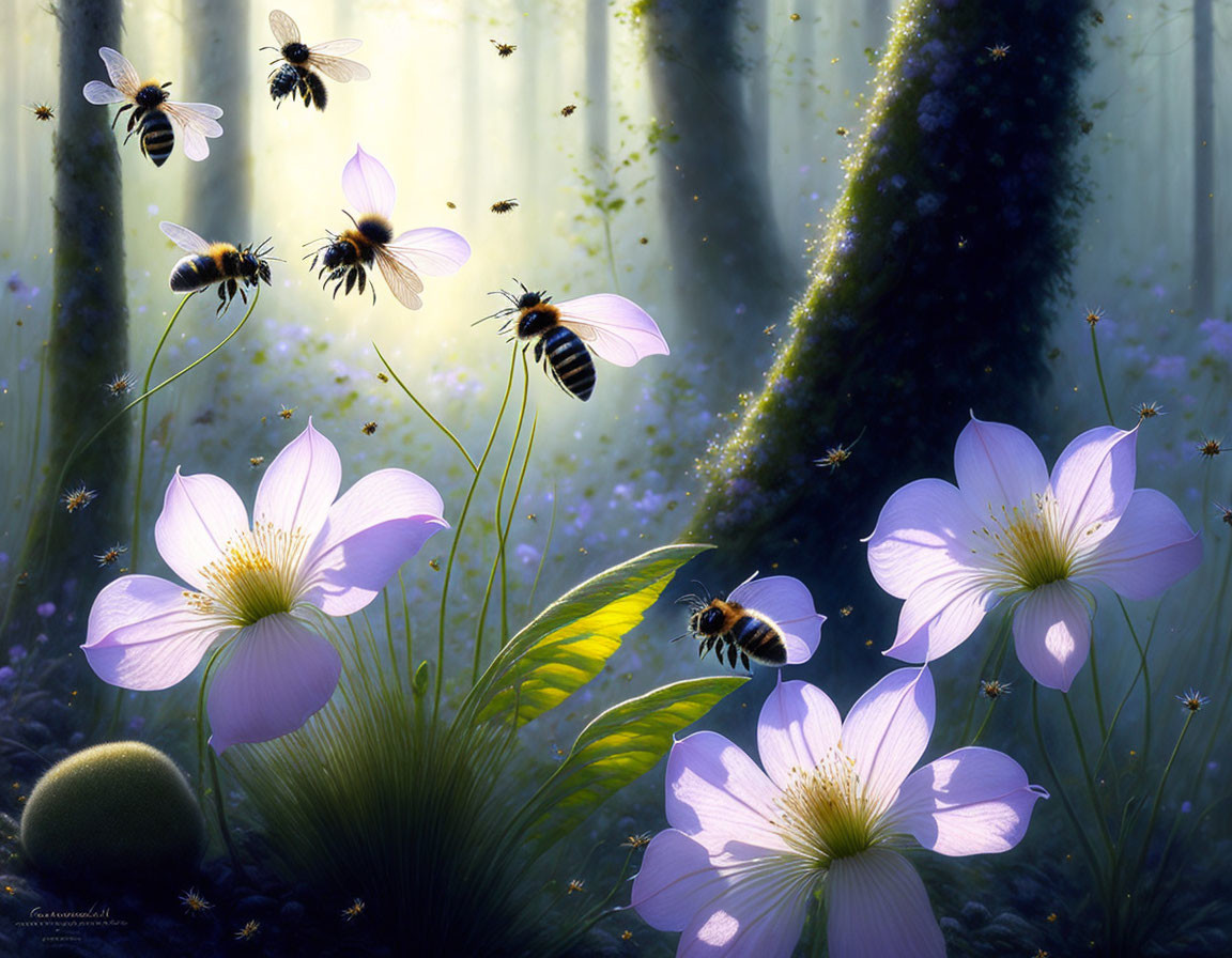 Bees flying in mystical forest with purple flowers