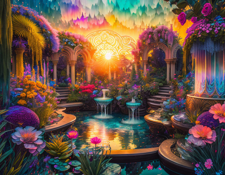 Fantastical garden with overflowing florals, intricate fountains, and ornate circular gateway.