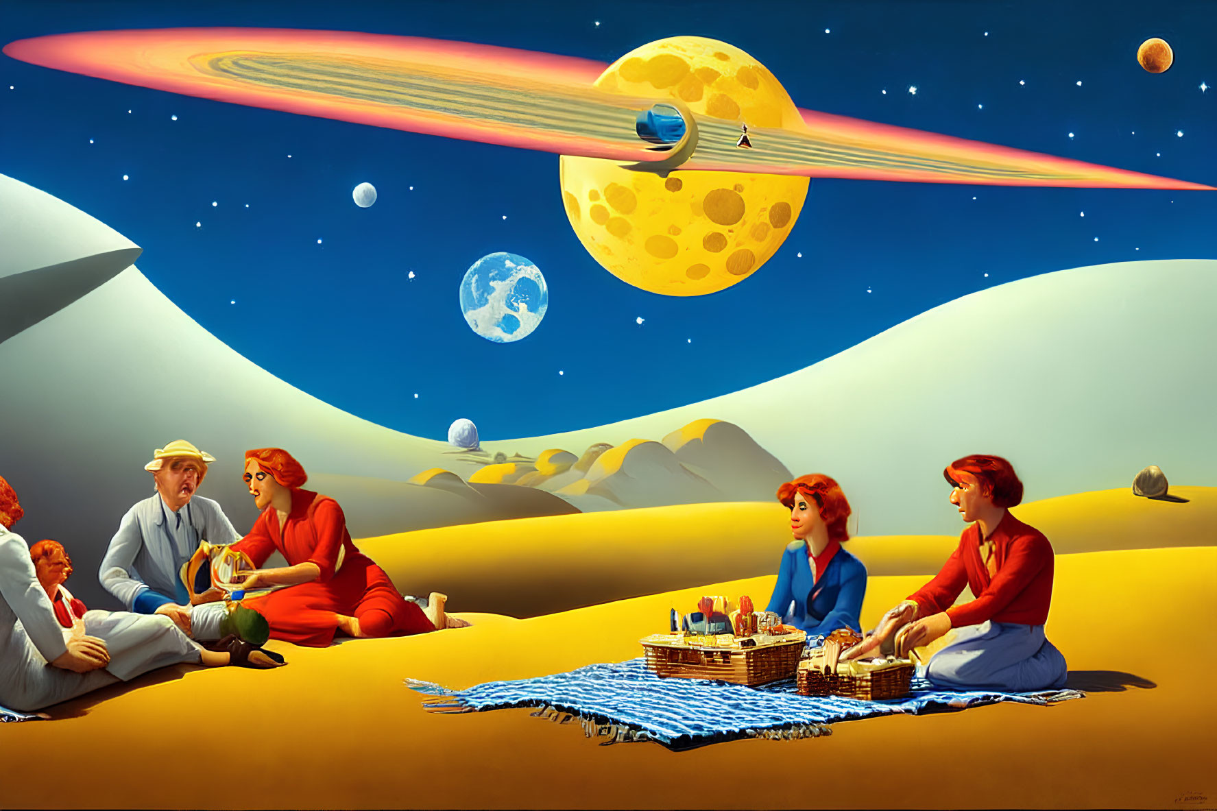 Retro-futuristic painting: Alien planet picnic with two groups and dramatic space backdrop