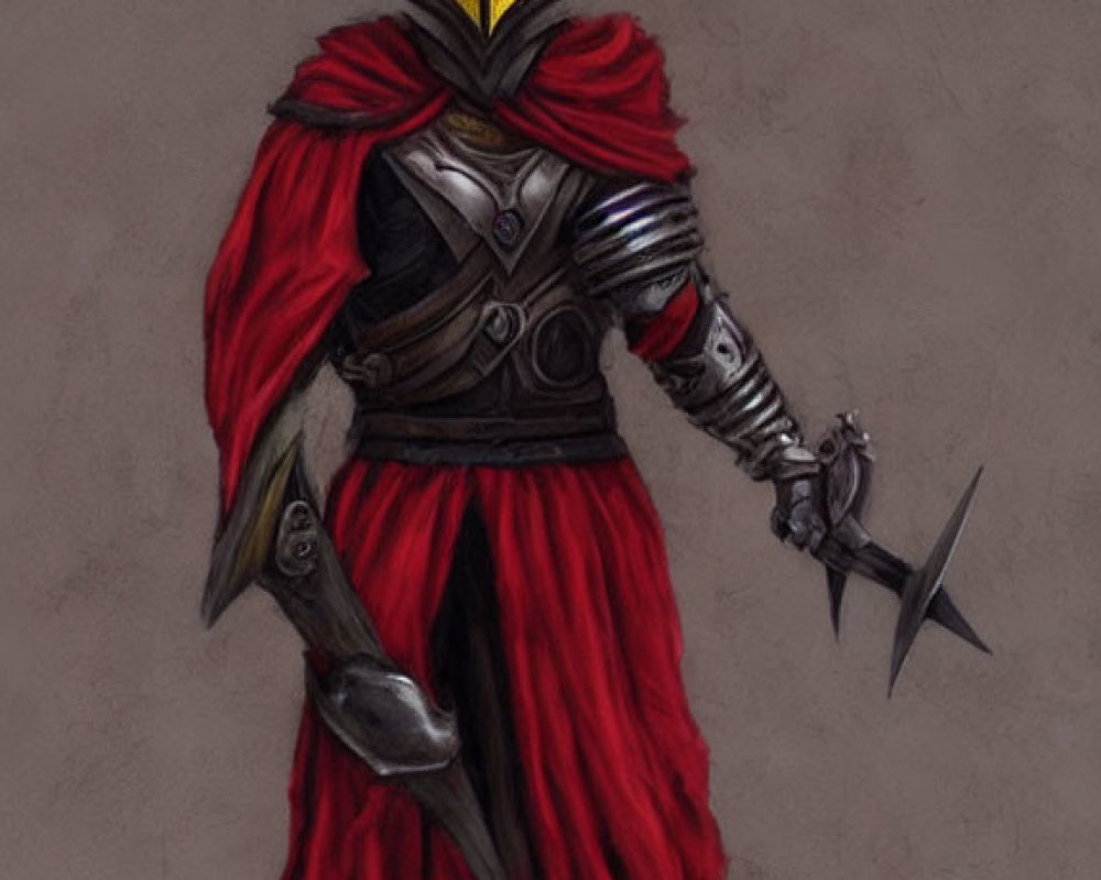 Medieval fantasy warrior in red cloak and horned helmet with sword