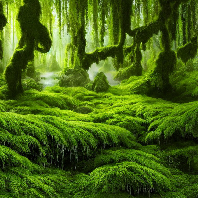 Lush green forest with moss-covered trees and foggy atmosphere