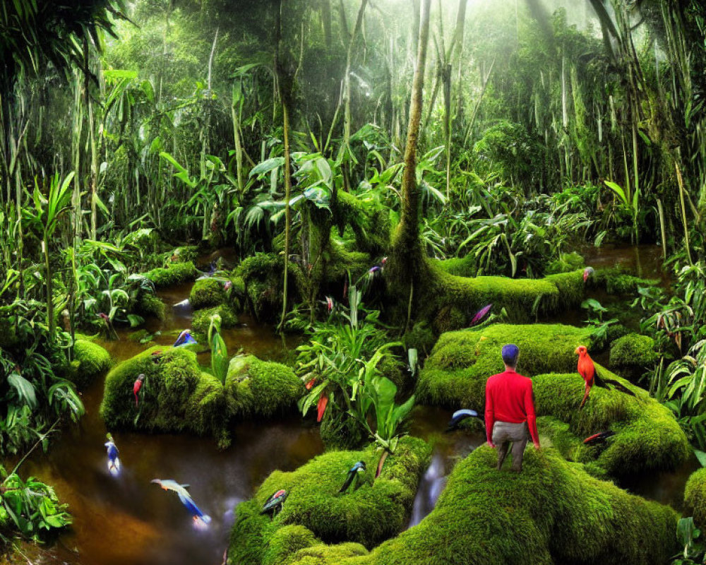 Serene forest scene with moss-covered ground, sunlight filtering through canopy, and people in colorful attire.