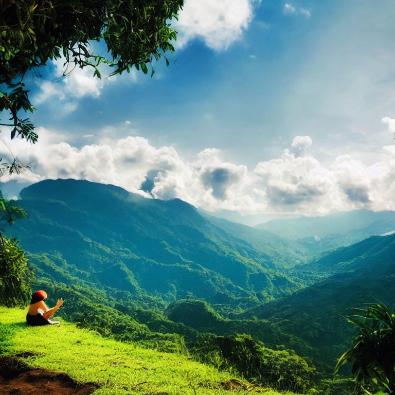 Person in Red Hat Sitting on Grassy Hill Overlooking Green Mountain Landscape