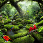 Serene forest scene with moss-covered ground, sunlight filtering through canopy, and people in colorful attire.