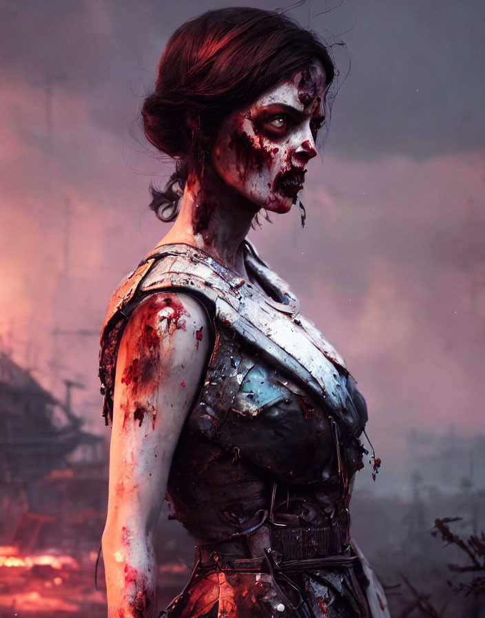 Medieval armor-clad woman with zombie makeup in battle scene