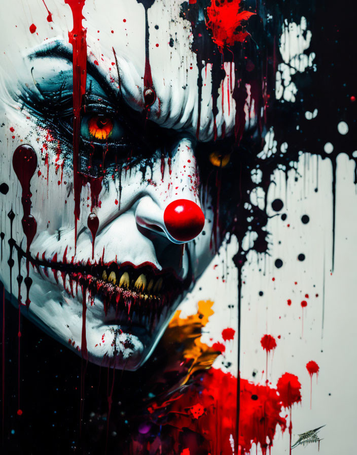 Menacing clown with red nose and sharp teeth on dark, splattered background