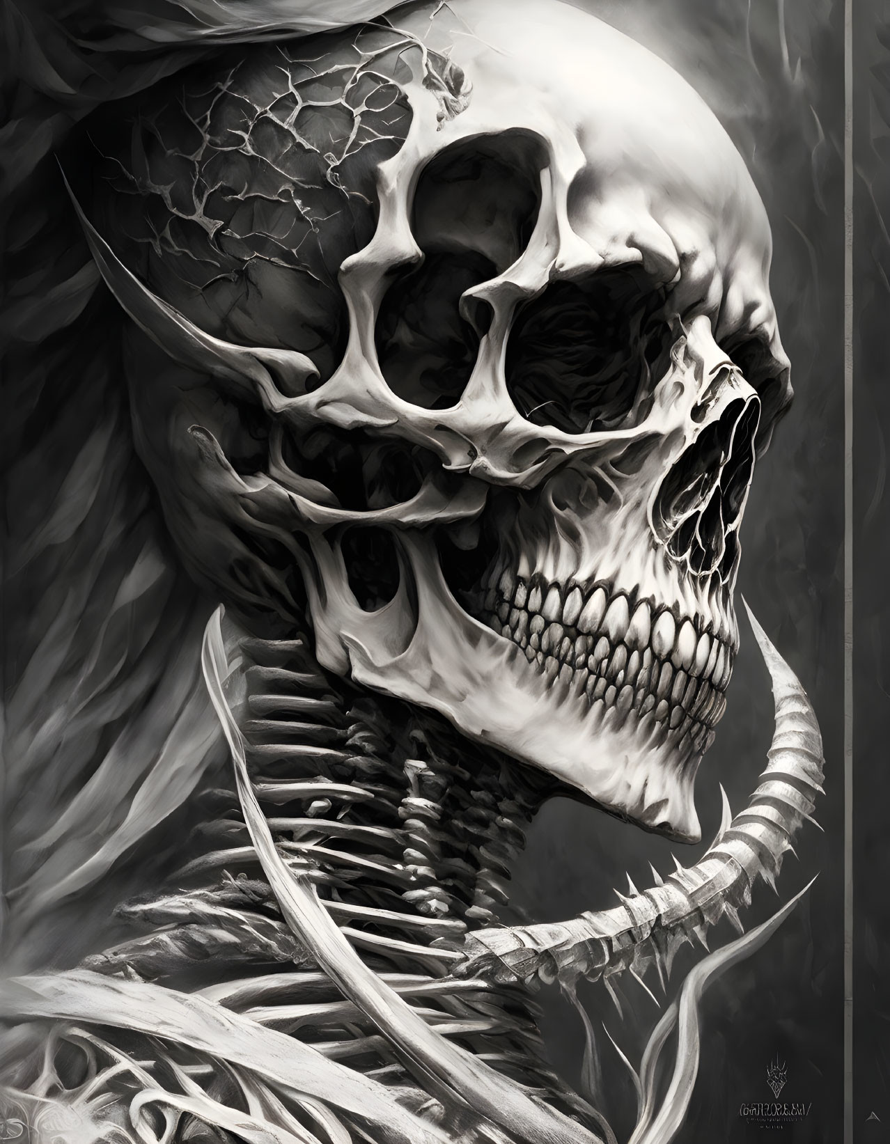 Detailed black and white human skull with exposed teeth and spine in misty backdrop